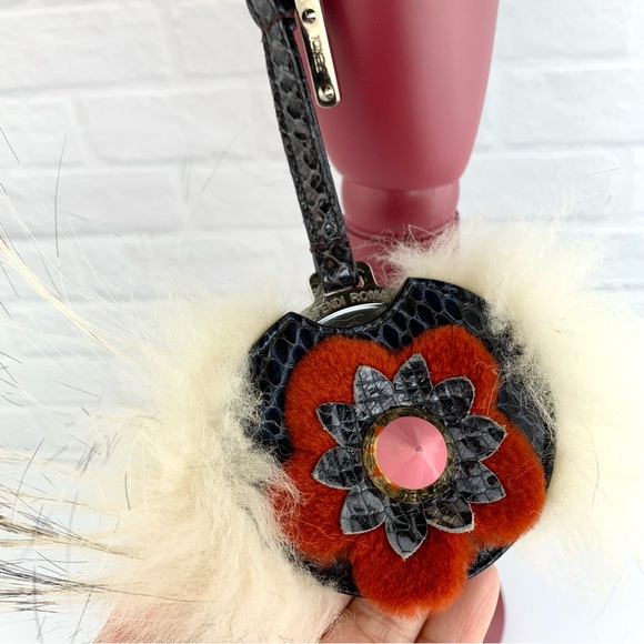 Authentic FENDI Mirror Floral Python Skin Leather Fur Bag Bug Charm - Picture 10 of 16